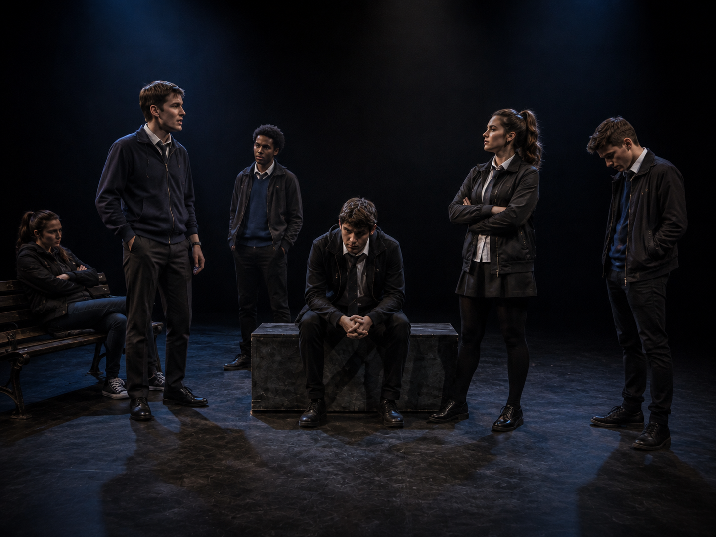 Young adult actors playing the teenage characters in DNA stand in a tense tableau around a seated central figure on a bare stage.