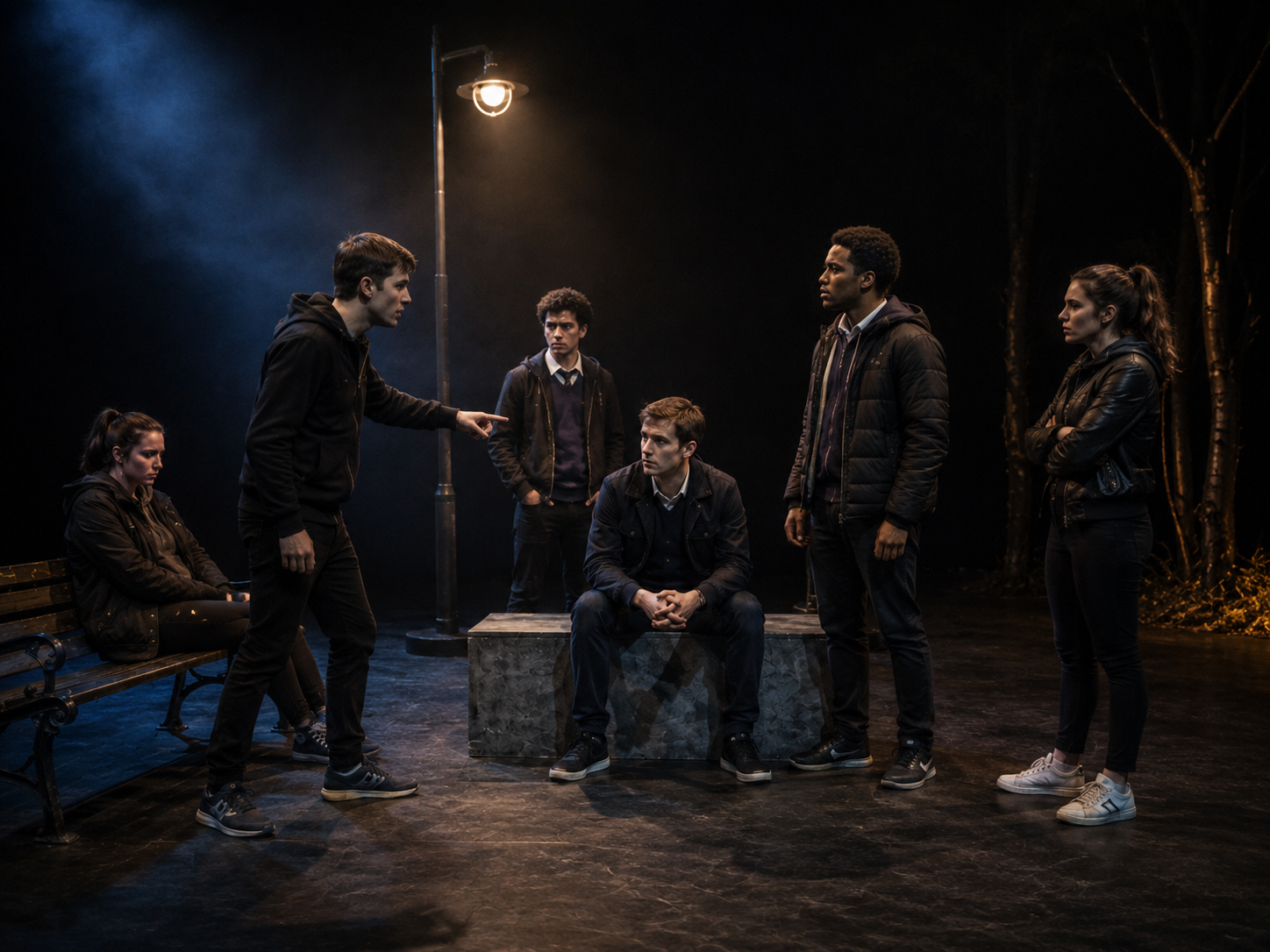 Young adult actors playing the teenage group in DNA on a minimalist stage, gathered under a streetlamp with a bench, bare trees and a central block.