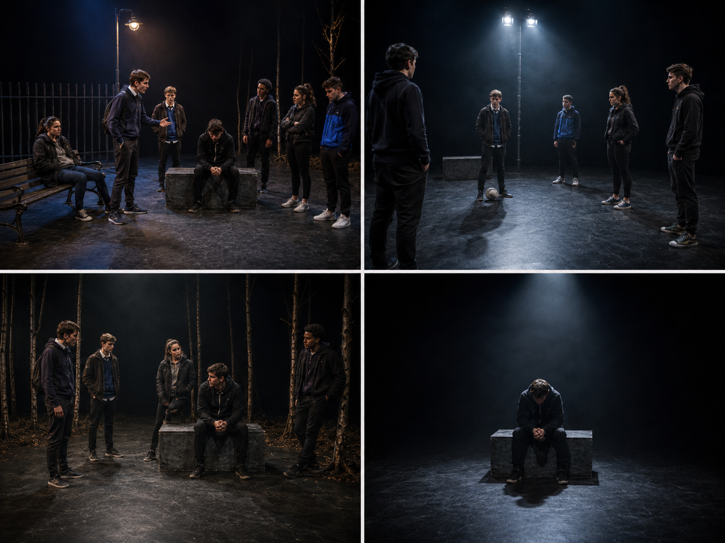 Four-panel staging visual for DNA showing different key moments on the same minimalist stage: group confrontation, exposed field-like arrangement, tense wood-like grouping and Phil isolated in aftermath.