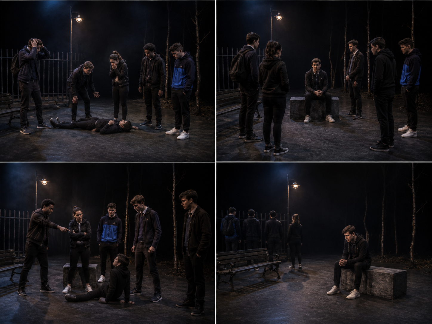 Four-panel staging visual for DNA showing the crisis, the group gathered around Phil, confrontation within the gang, and Phil left isolated at the end.