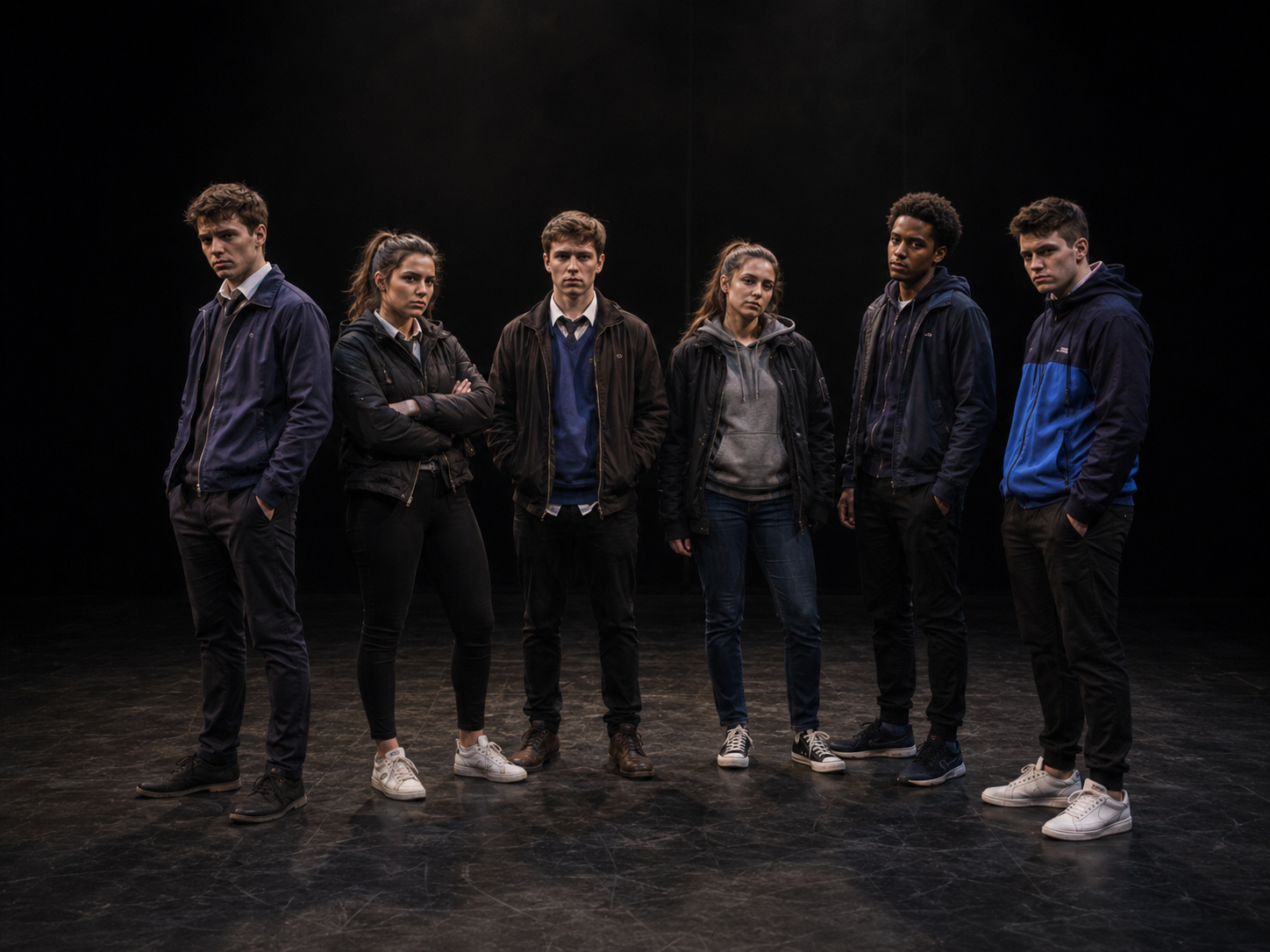 Line-up of young adult actors playing the teenage group in DNA, each posed with a different level of tension and confidence on a dark stage.