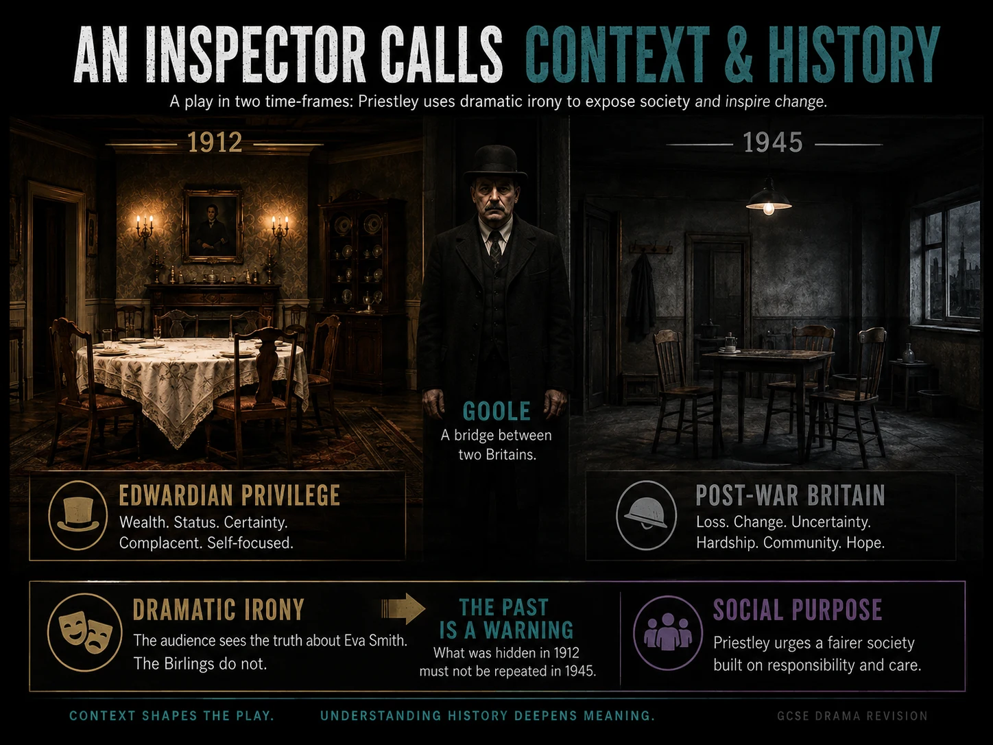 A teaching poster for An Inspector Calls comparing 1912 and 1945 and showing how Inspector Goole bridges the two time frames.