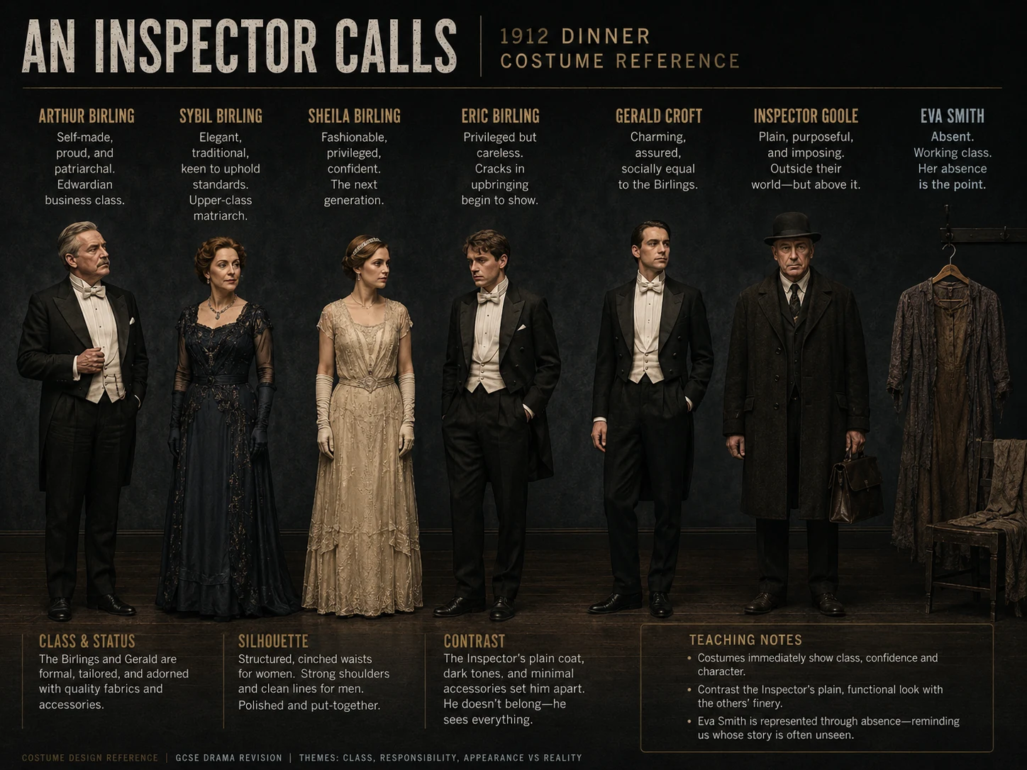 A costume reference board for An Inspector Calls showing the Birling family, Gerald, Inspector Goole and Eva Smith represented through absence.