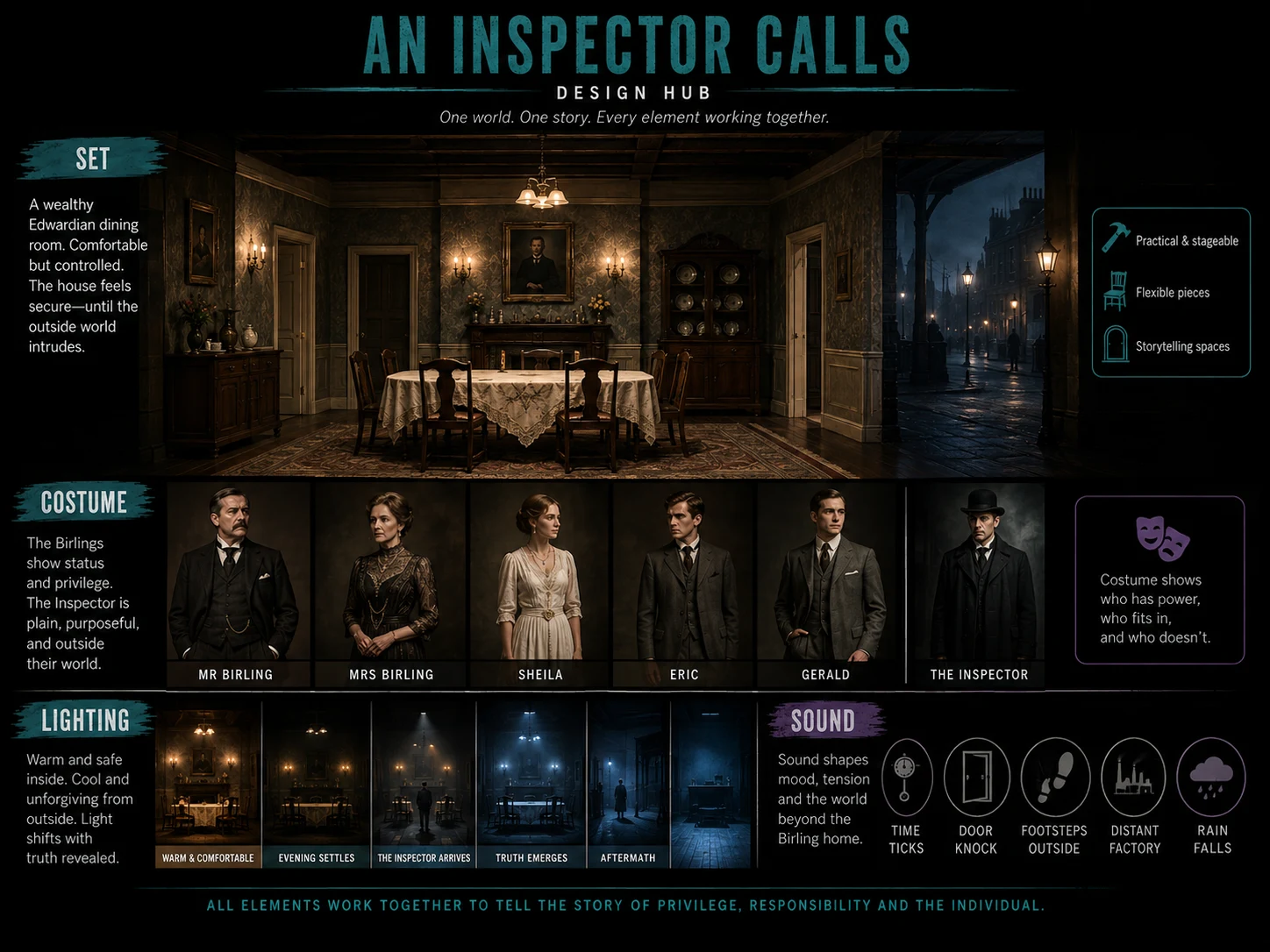 A design hub board for An Inspector Calls showing set, costume, lighting and sound working together in one coherent production concept.