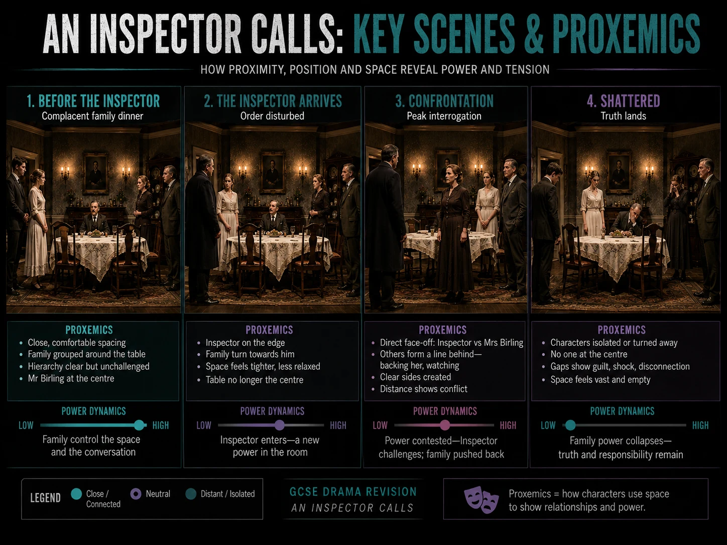 A four-panel teaching poster for An Inspector Calls showing how proxemics and power shift from dinner to confrontation to the fractured ending.