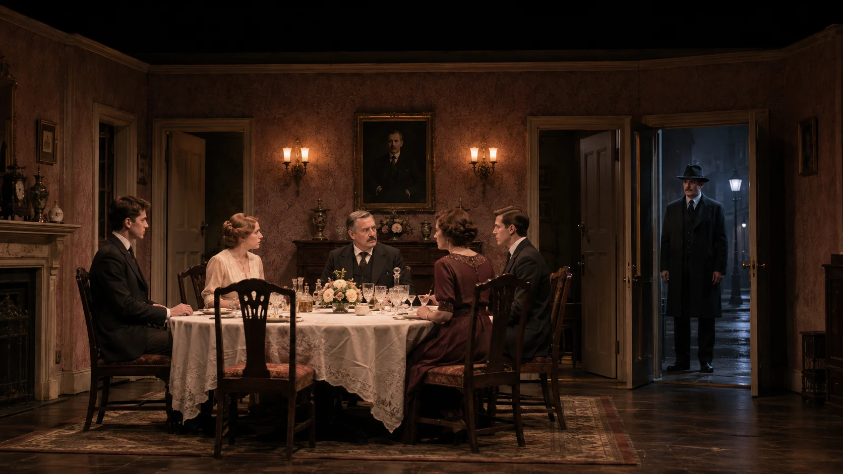 A staged Birling dining-room image showing the family interrupted as Inspector Goole arrives from the outside world.