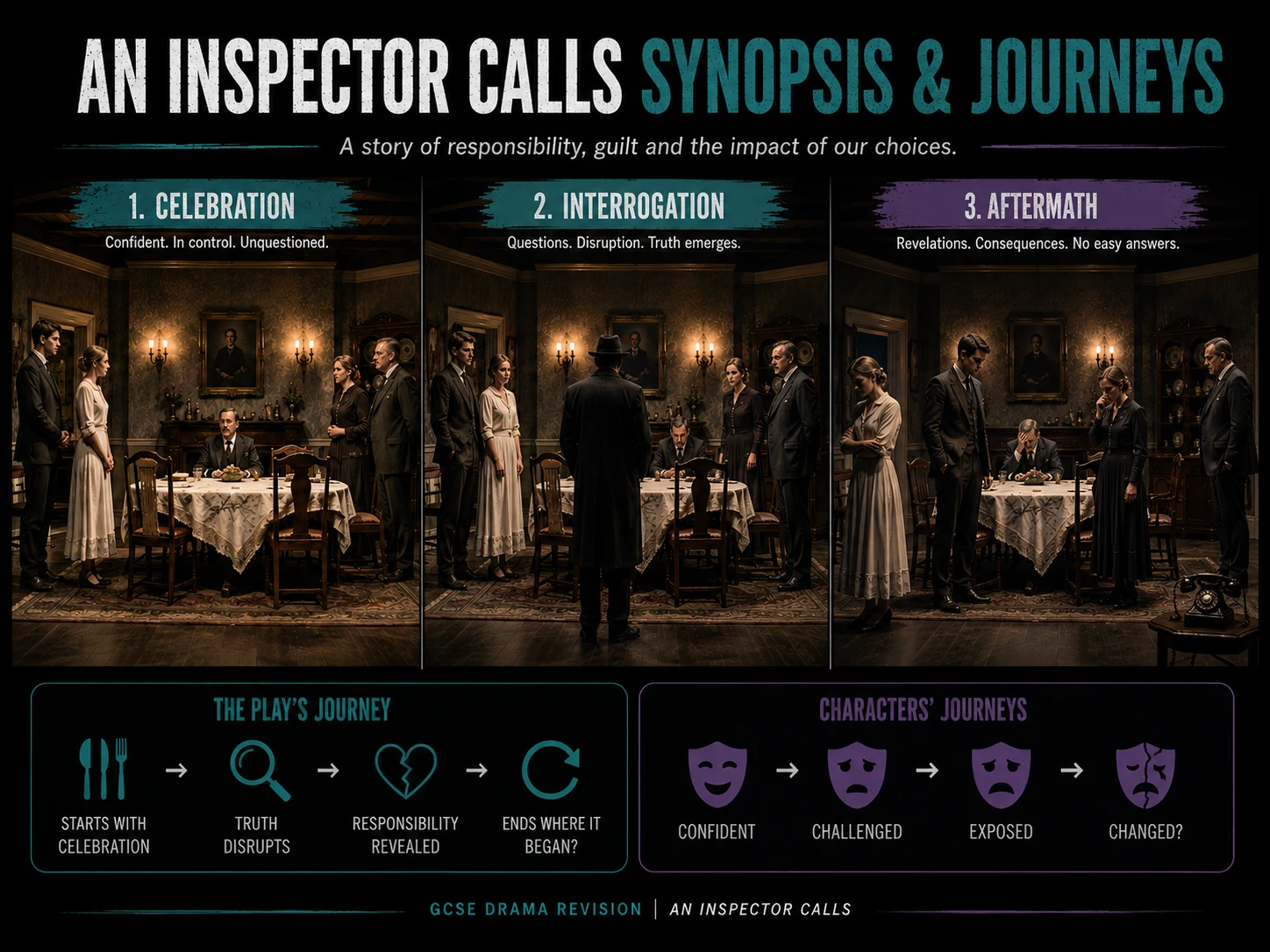 A teaching poster for An Inspector Calls showing celebration, interrogation and aftermath across the play’s journey.