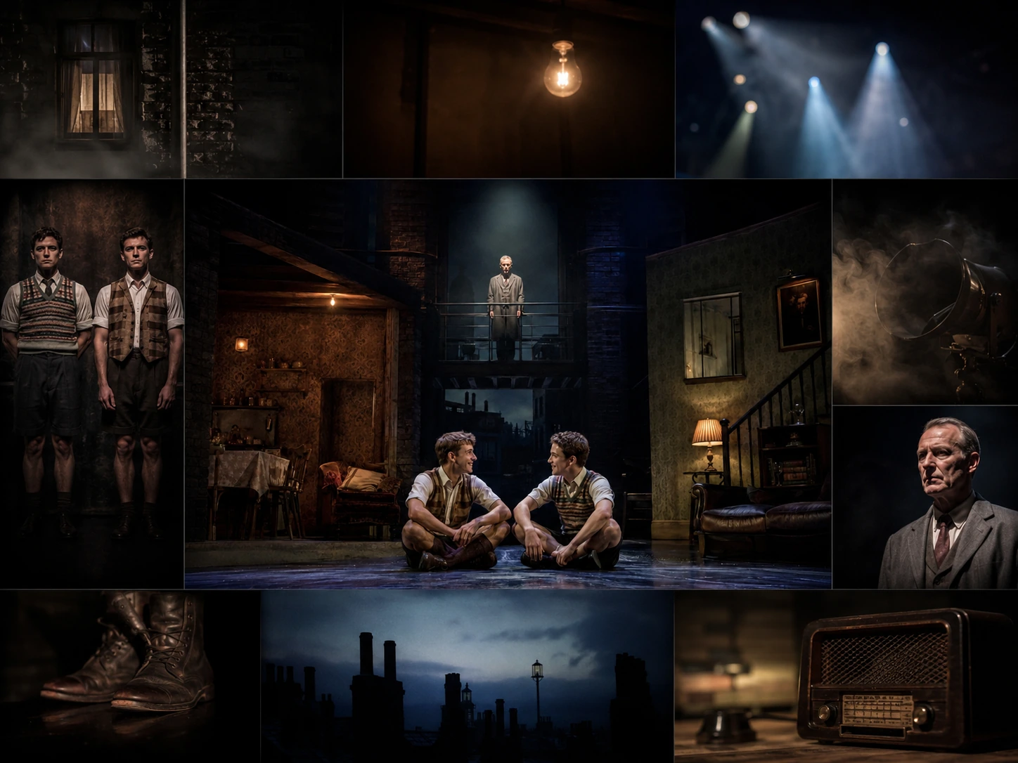 A Blood Brothers design essentials visual focusing on unity, practicality, mood, character and audience impact.