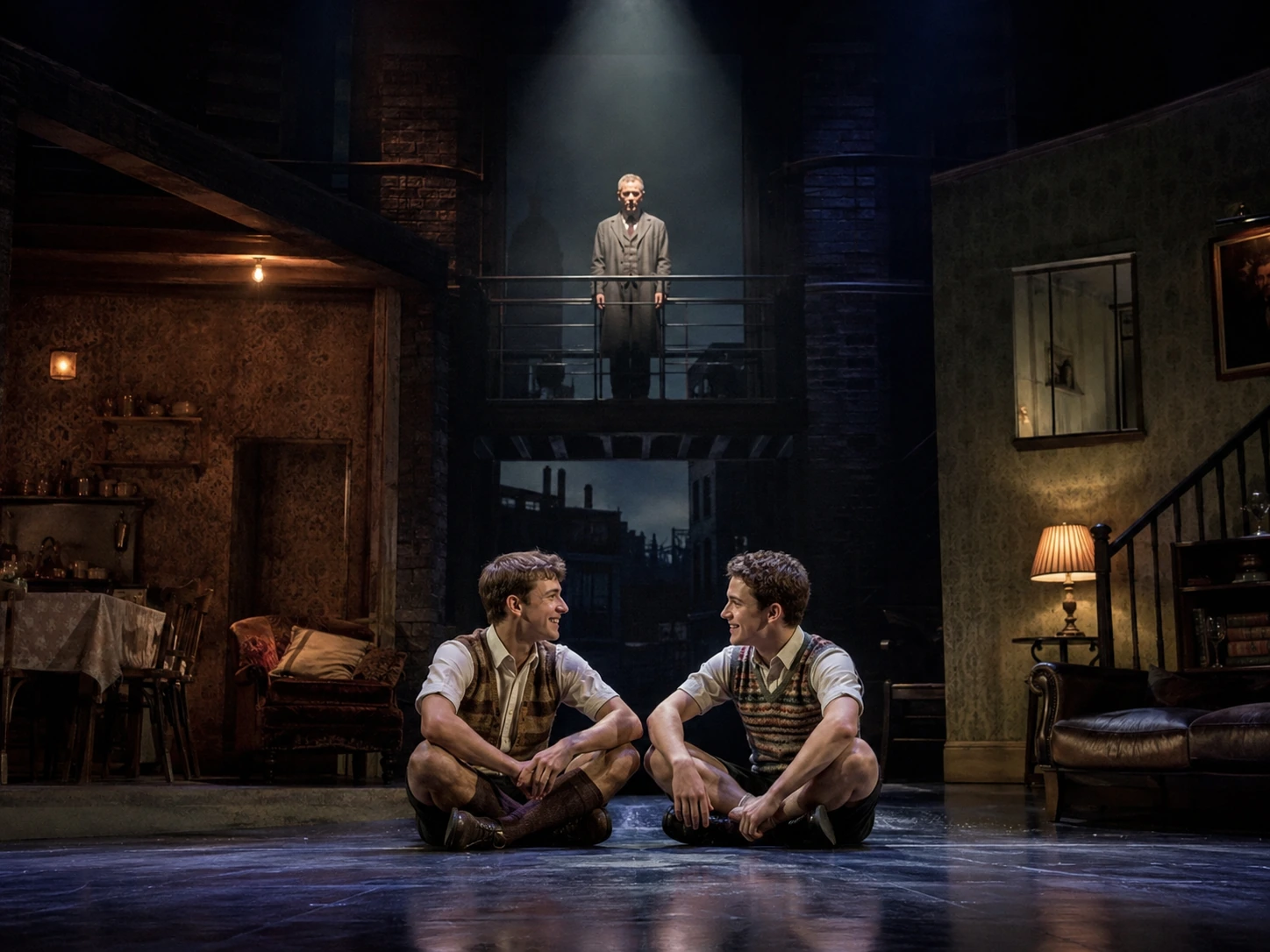 A split-stage Blood Brothers concept with the two boys meeting between the poorer Johnstone world and the more comfortable Lyons world while the Narrator watches from above.