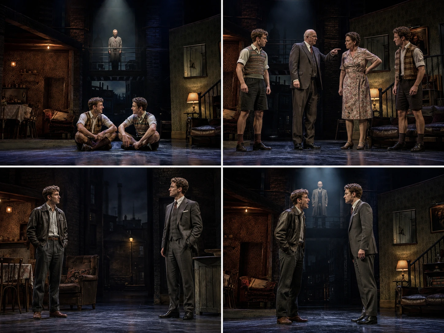 A four-panel Blood Brothers teaching visual comparing childhood friendship, separation and control, adult class divergence and the final confrontation.