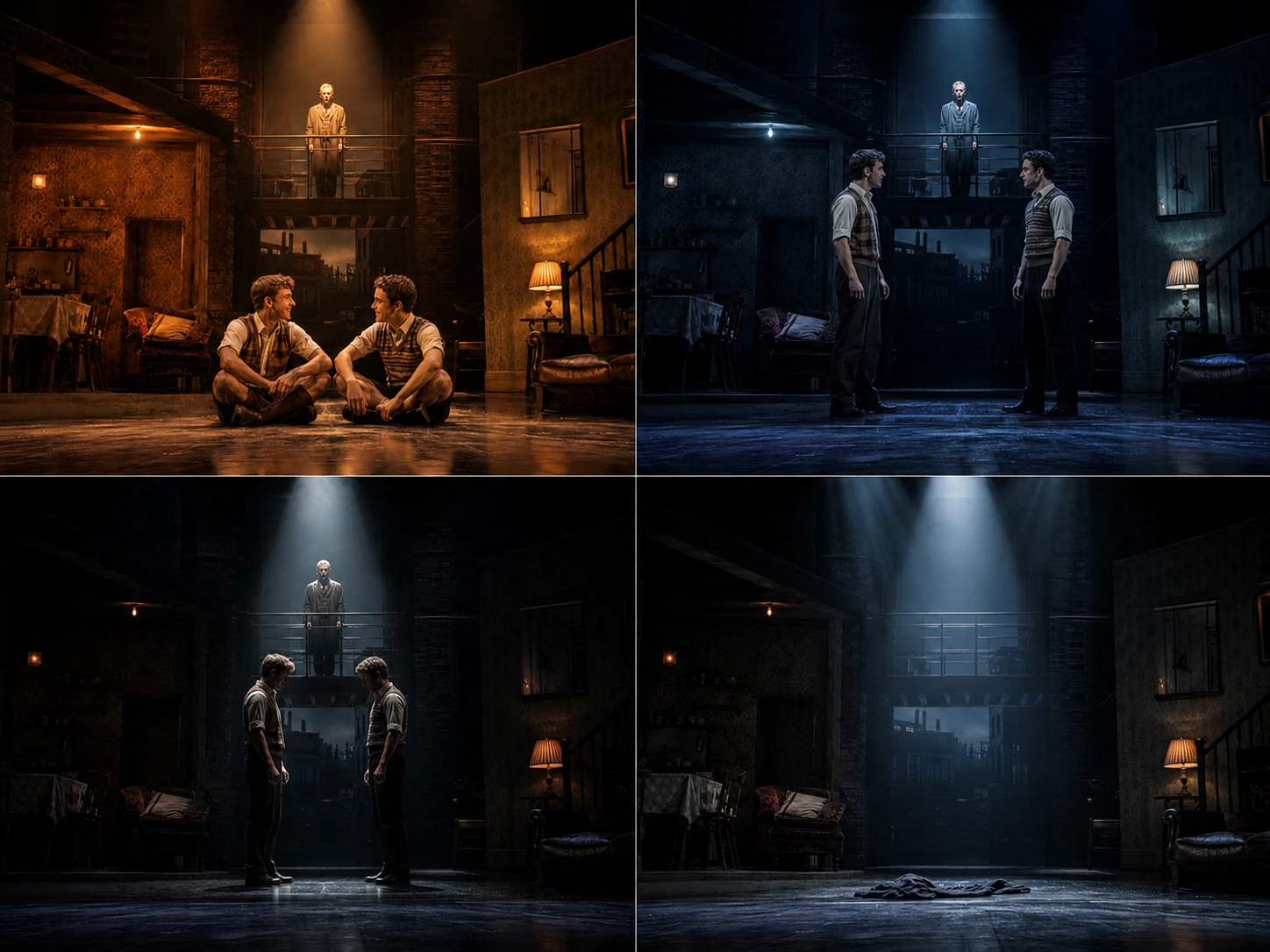 A Blood Brothers lighting comparison showing warm childhood, cooler class division, growing tension and a dark final tragedy.
