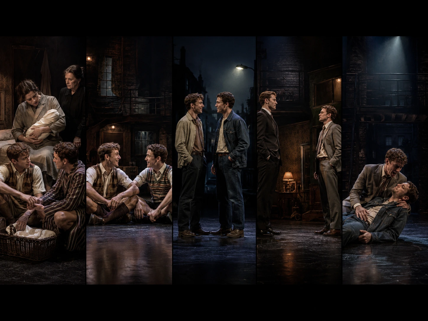 A five-part Blood Brothers stage journey using adult performers to portray Mickey and Edward from childhood through adulthood, ending in tragedy.