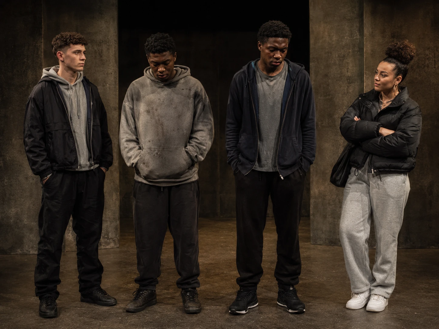 Young adult cast members for Face in contemporary streetwear and layered casual clothing, showing subtle differences in status, confidence and self-presentation.