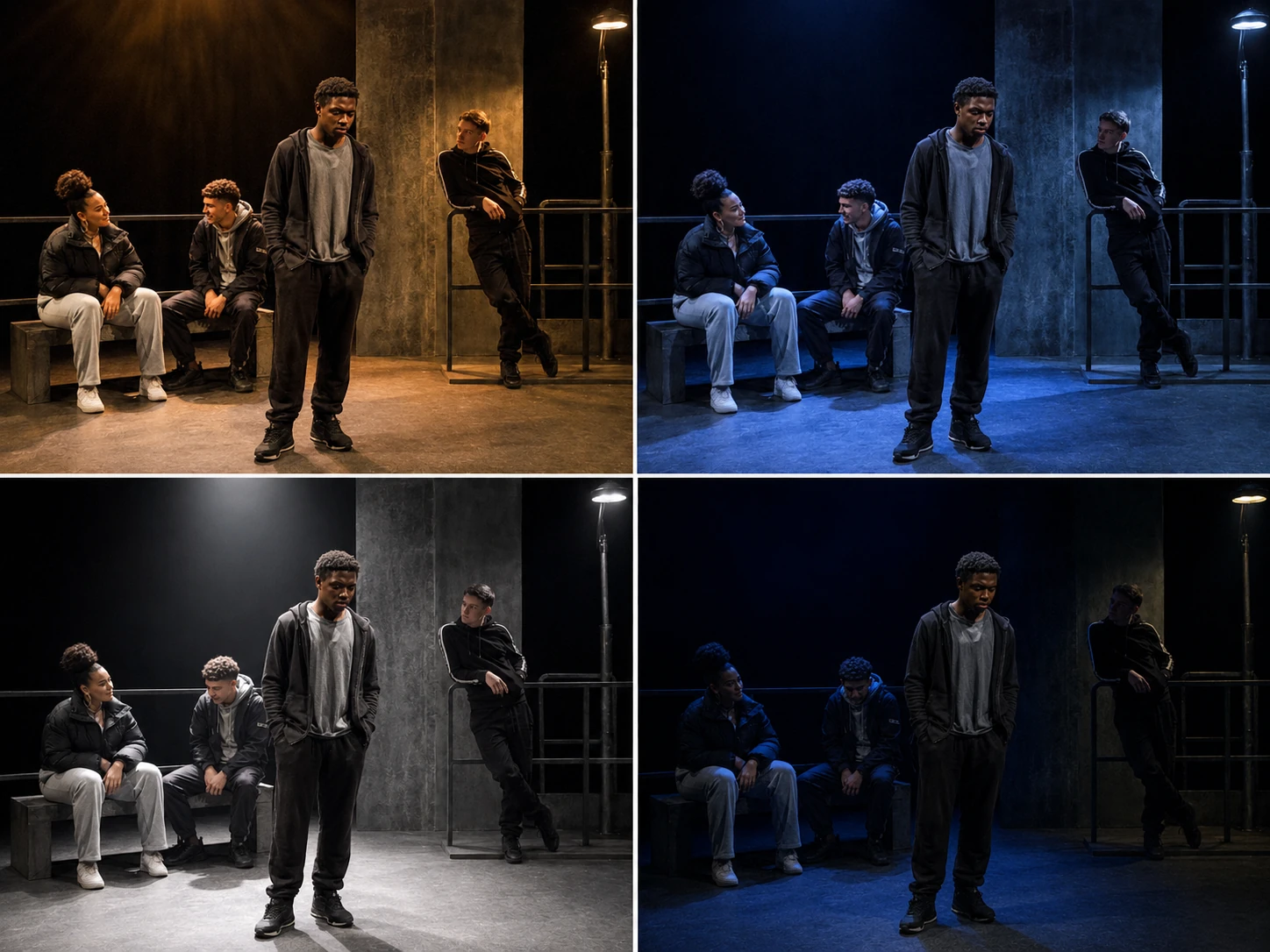 The same Face stage picture shown under four lighting states: warm public light, cold blue exposure, stark white isolation and dark blue emotional pressure.