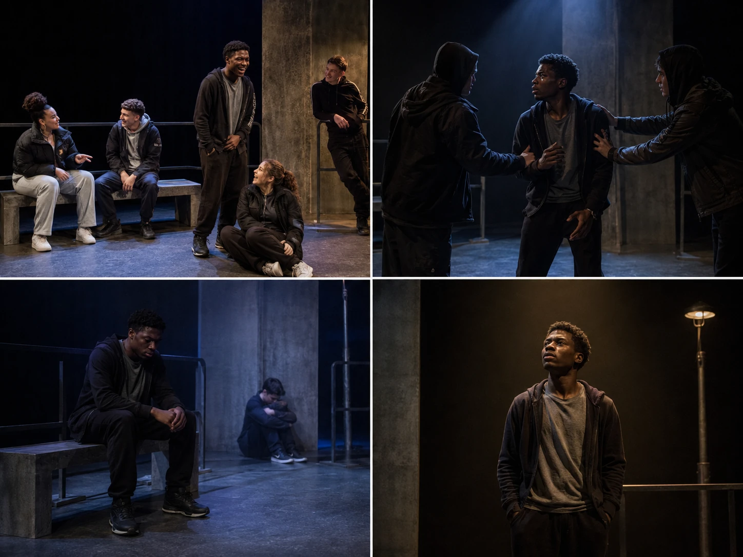 Four original Stark Drama teaching images showing possible staging approaches for Face: group confidence, non-graphic attack staging, isolation and reflection.