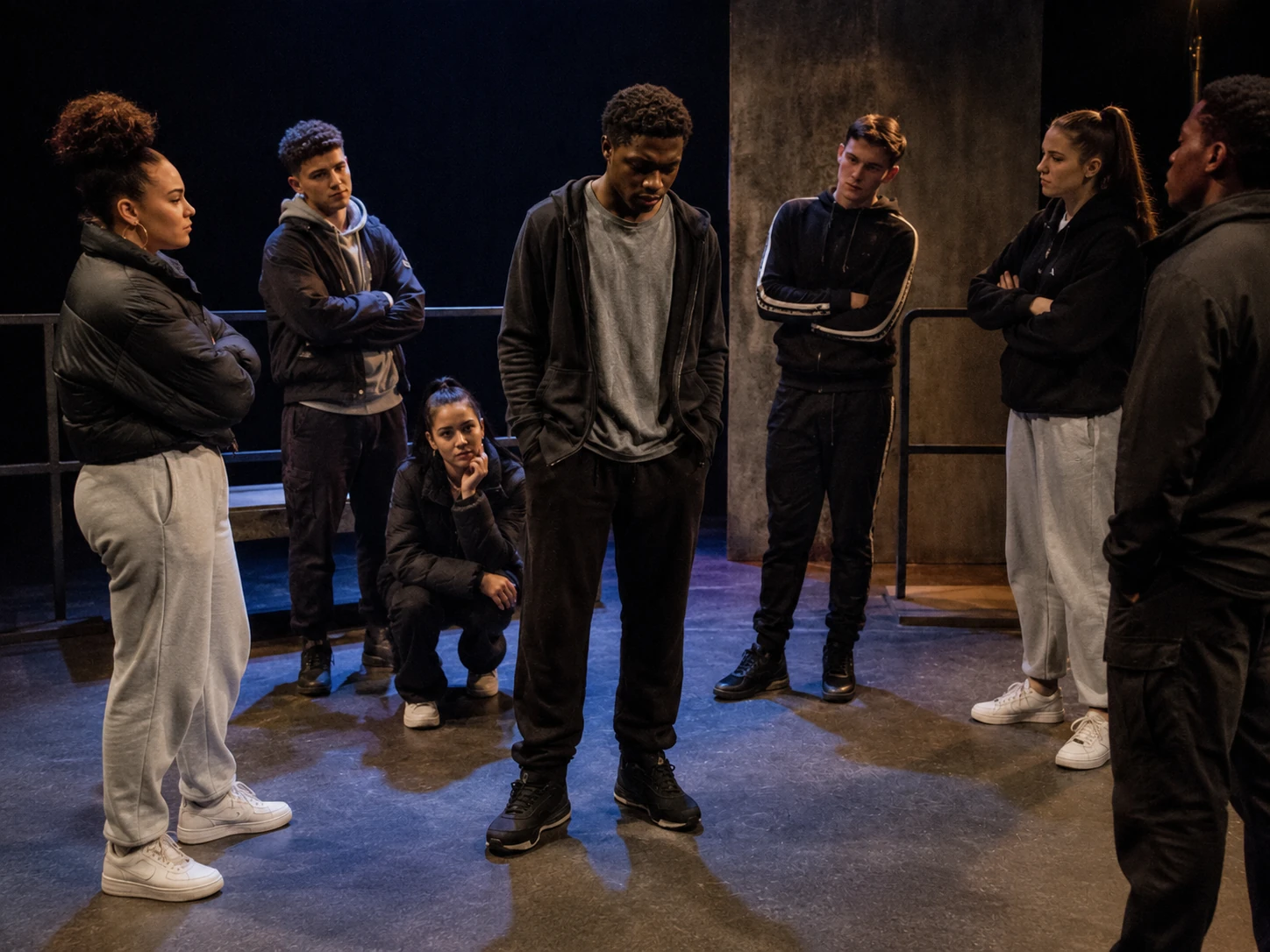 Martin stands in the centre of a peer group on stage while the other young adult actors watch and judge him from different positions.