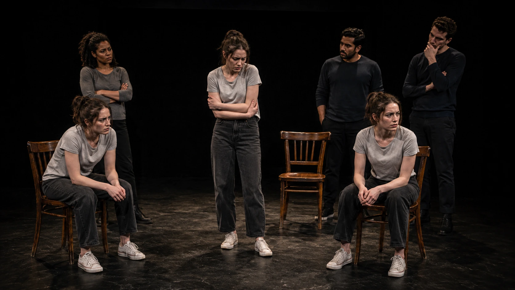 Six adult performers on a black-box stage, including three simultaneous representations of Verity and a small mixed ensemble of other roles.