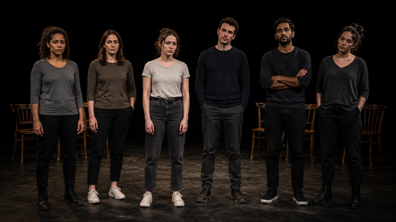 Six adult performers in a neutral black-box costume base, including women and men from different ethnic backgrounds, ready for rapid multi-roling.