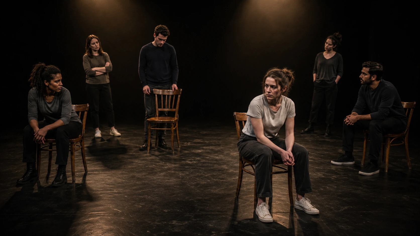 A live black-box stage concept for Find Me using six adult performers, wooden chairs, open floor space and warm overhead theatre lighting.