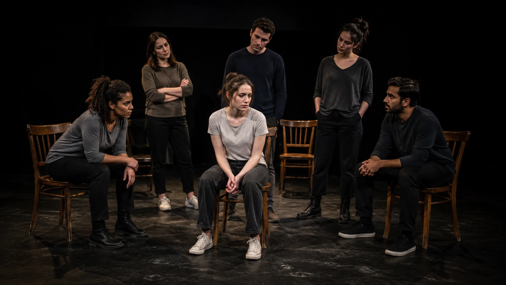 A live black-box stage image for Find Me showing six adult performers around Verity, with wooden chairs and a mixed ensemble under theatre lighting.