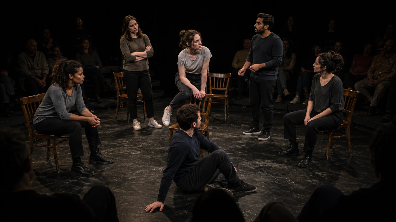A Stark Drama teaching reconstruction of Find Me in an intimate studio space with six performers and audience seating close around the action.