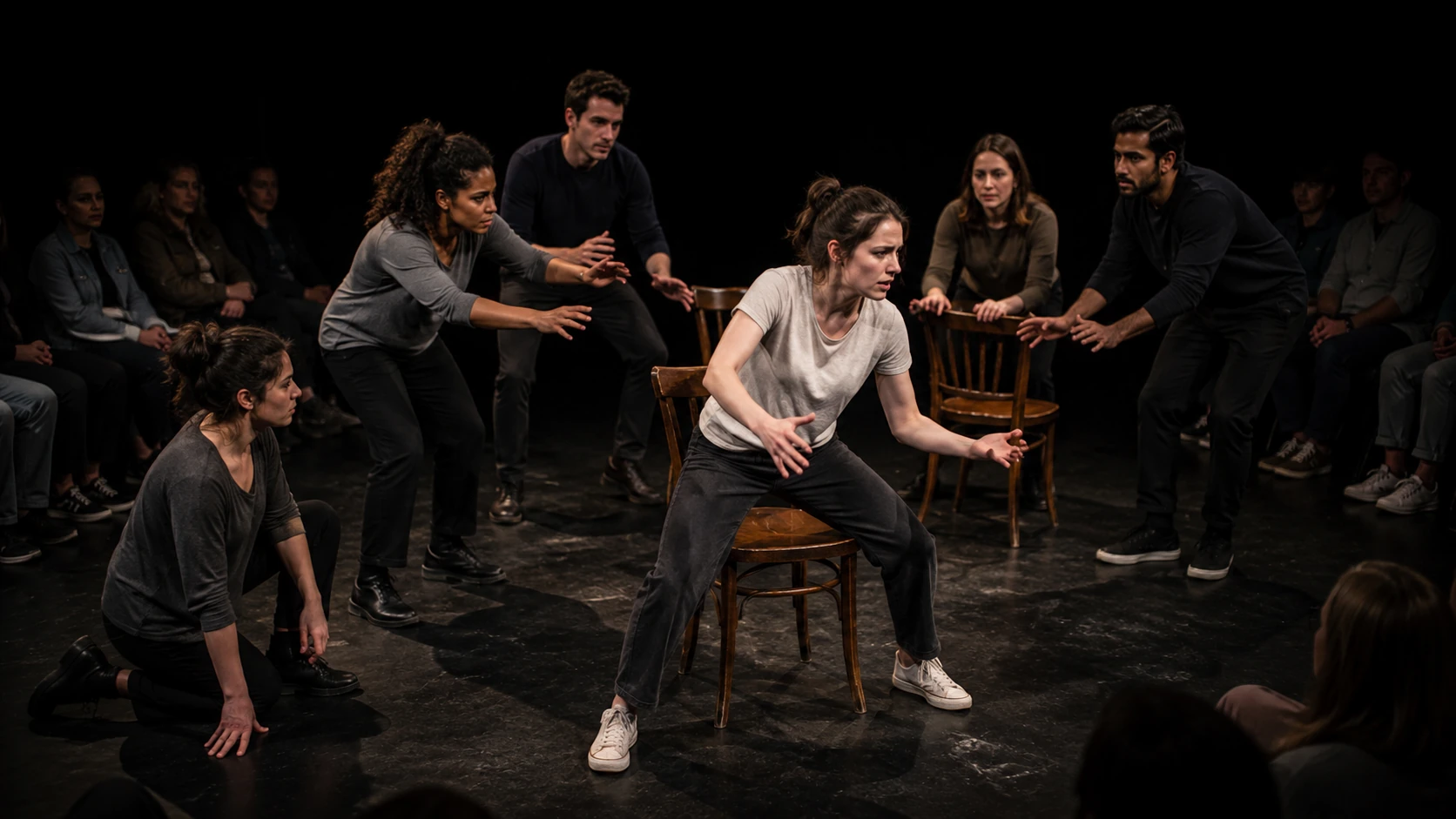 A live black-box stage moment from Find Me with six performers reaching, reacting and repositioning chairs around Verity.