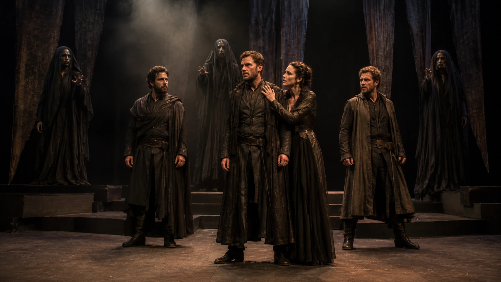 Macbeth and Lady Macbeth stand centre stage with Banquo and Macduff separated to either side while three supernatural figures occupy the levels behind them.