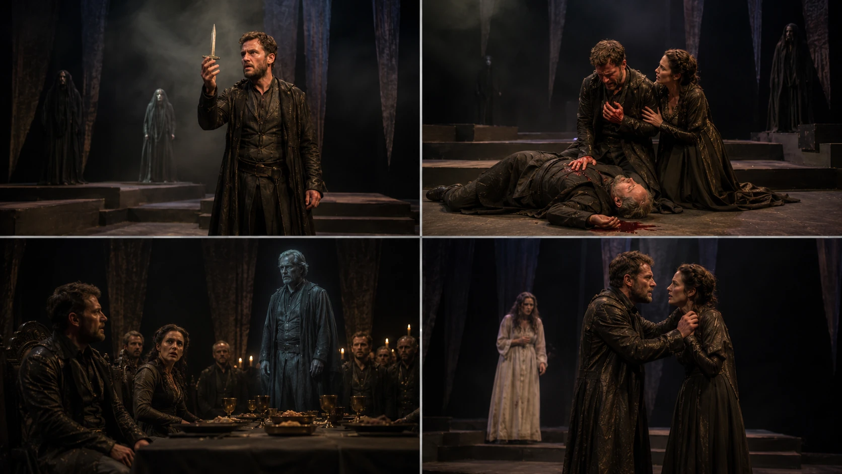 Four staged Macbeth moments: the dagger vision, the aftermath of Duncan's murder, Banquo's ghost at the banquet and a confrontation between Macbeth and Lady Macbeth with the sleepwalking figure behind them.