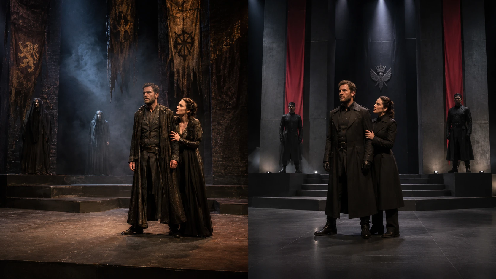 A side-by-side comparison of a period-inspired Macbeth stage and a contemporary authoritarian Macbeth stage using the same central relationship.