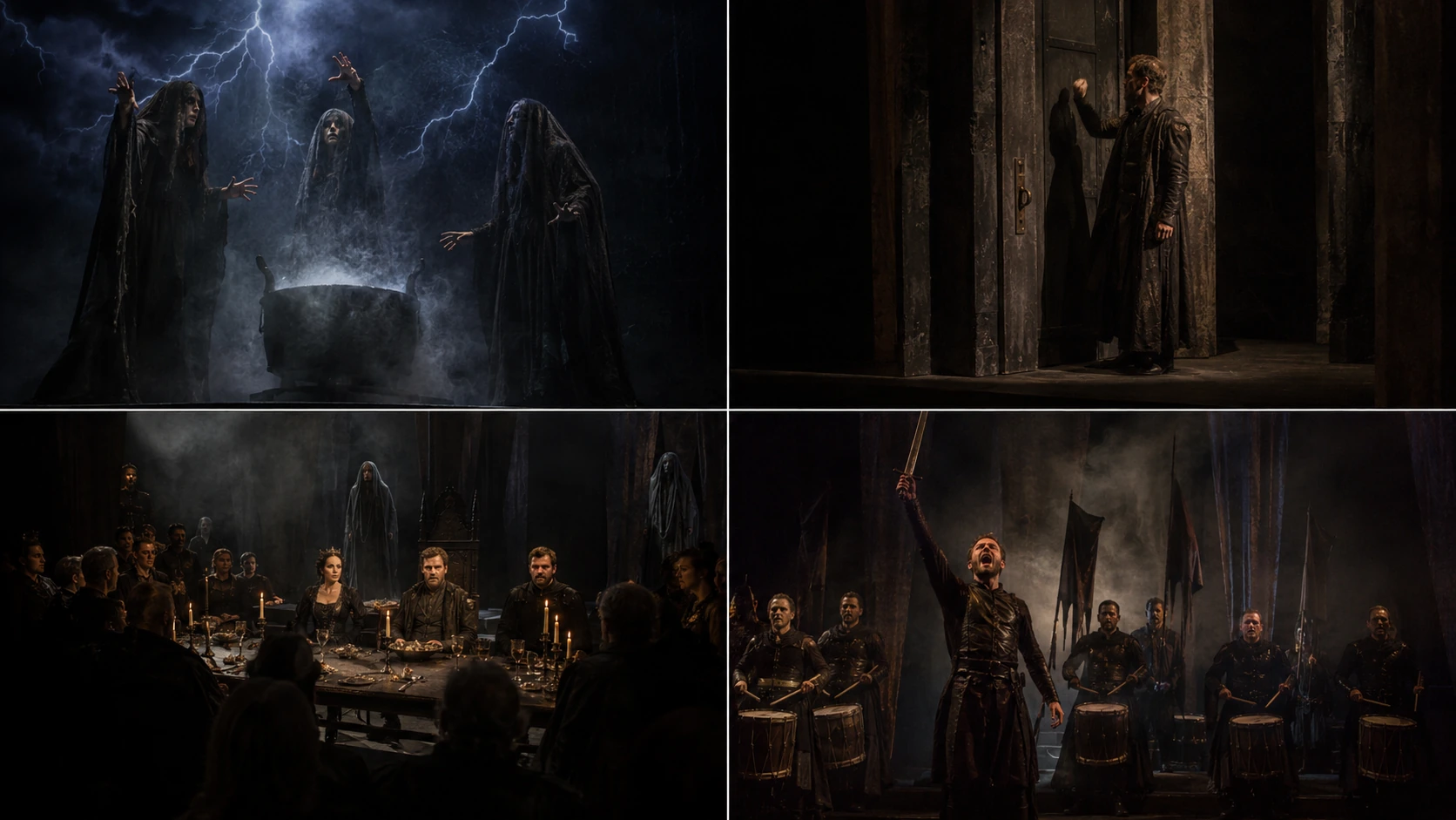 Four theatrical Macbeth scenes suggesting thunder with the Witches, knocking after the murder, tense banquet atmosphere and war drums in the final battle.