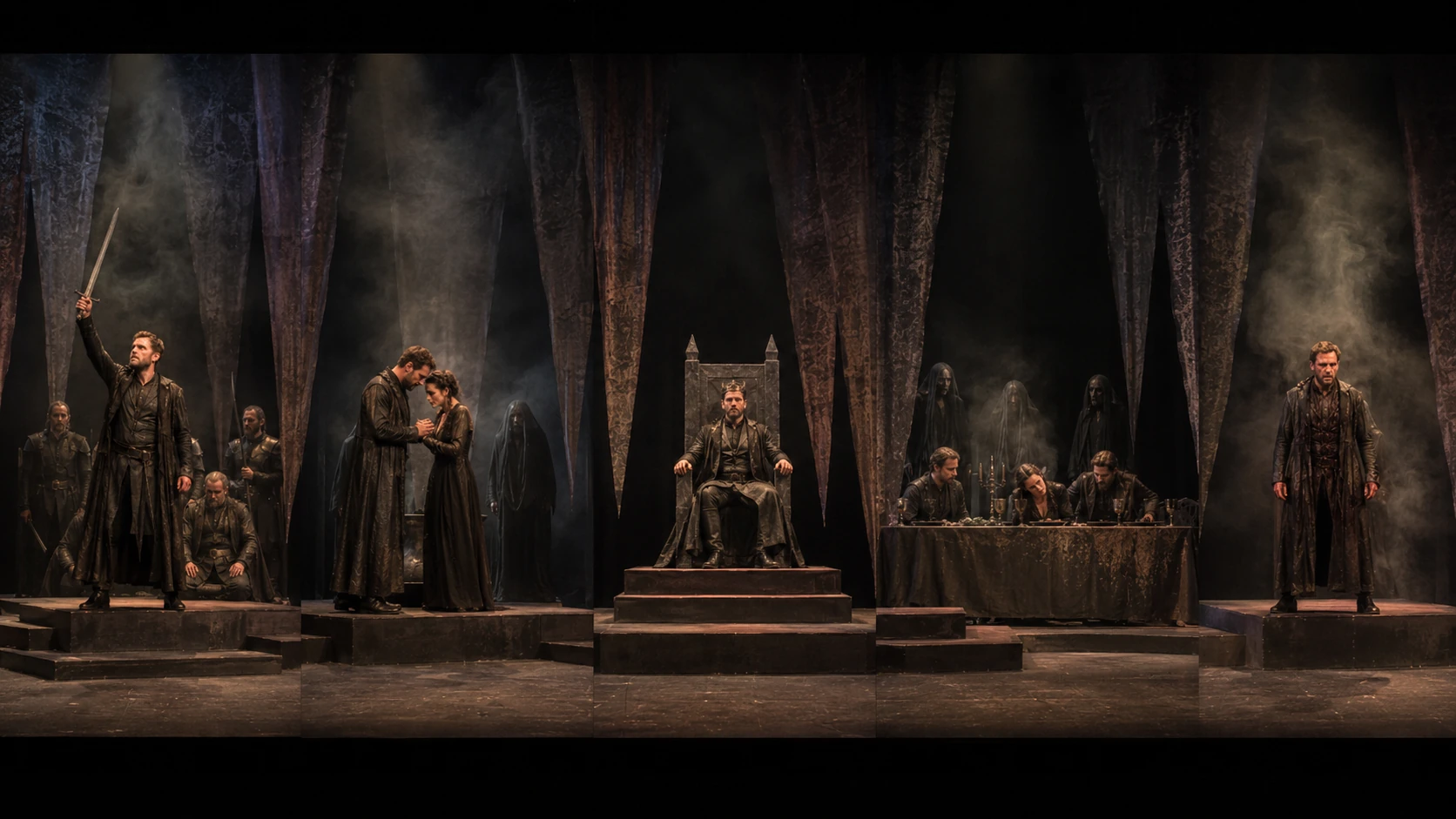 A five-part stage sequence showing Macbeth as victorious soldier, plotting with Lady Macbeth, seated as king, breaking down at the banquet and ending isolated.