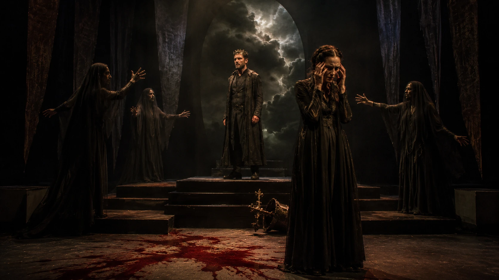 A dark Macbeth stage image showing crowned Macbeth, distressed Lady Macbeth and surrounding supernatural figures under storm-like light.