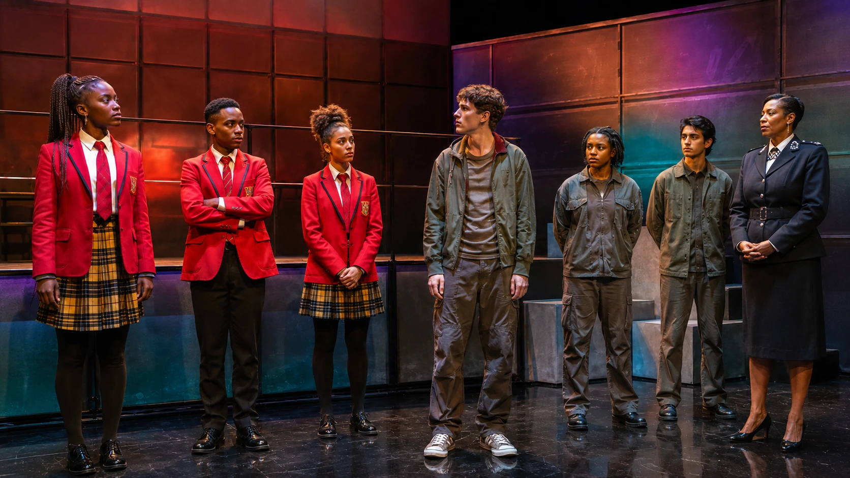 A live-theatre costume tableau showing contrasting status groups in Noughts & Crosses.