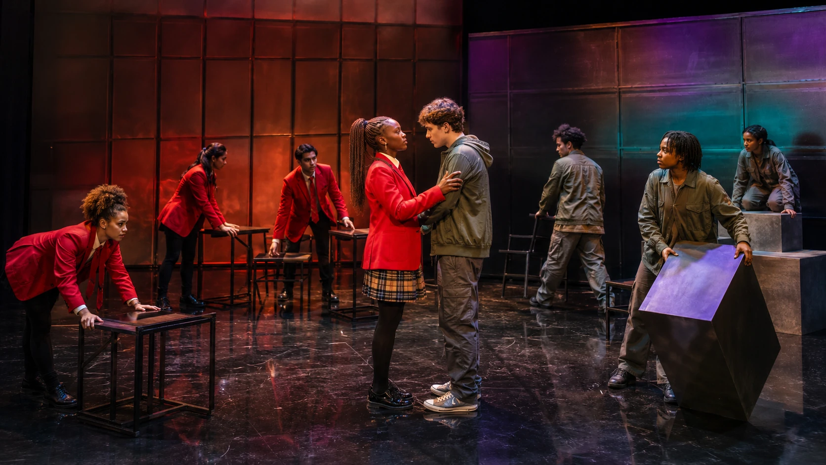 Sephy and Callum held close together while the wider ensemble and divided school world surround them on stage.