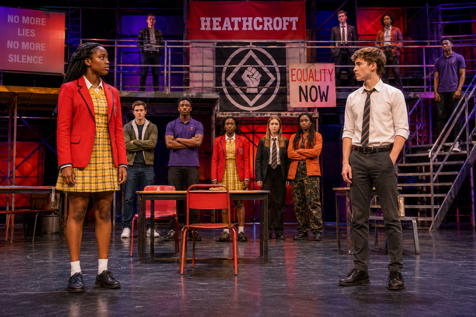 A live-theatre ensemble tableau showing the main social groups and character relationships in Noughts & Crosses.