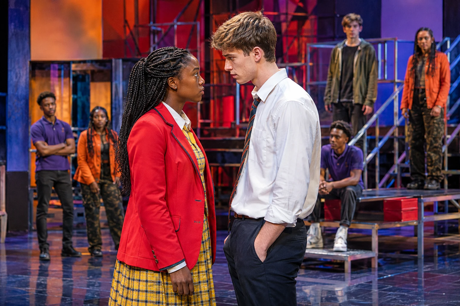 Sephy, a Black Cross, and Callum, a white Nought, in close confrontation on a vivid contemporary stage while the ensemble watches.