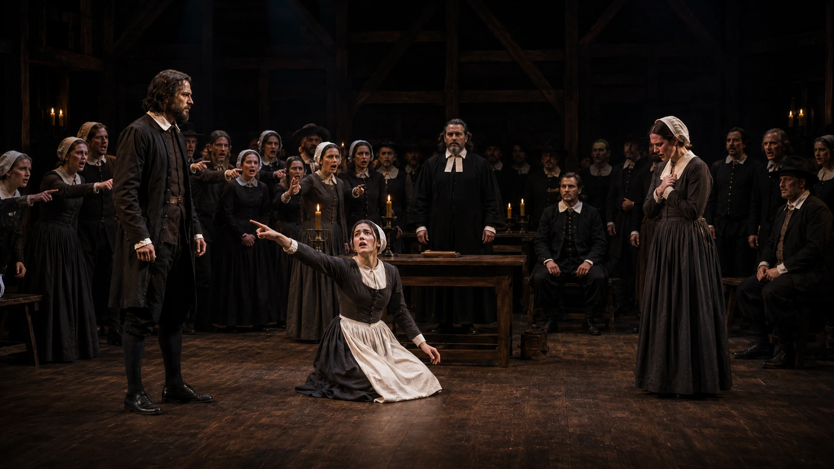 Adult actors portraying the Salem community in a stage production of The Crucible, with accusation, scrutiny and mistrust built through spacing and focus.