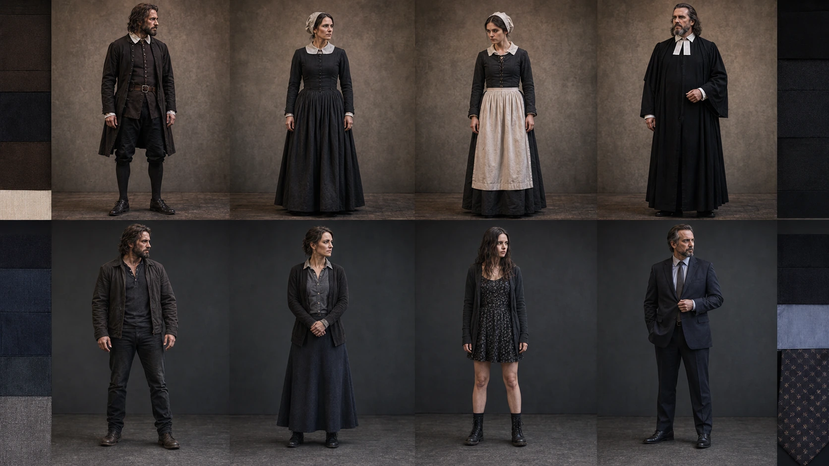 Period-inspired and contemporary costume line-ups for The Crucible, showing how silhouette, palette and uniformity can communicate conformity, status and pressure.