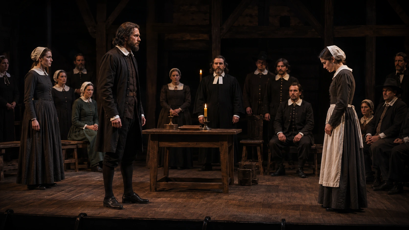 A stage-production still from The Crucible showing how one coherent acting space can support group pressure, authority and public judgement.