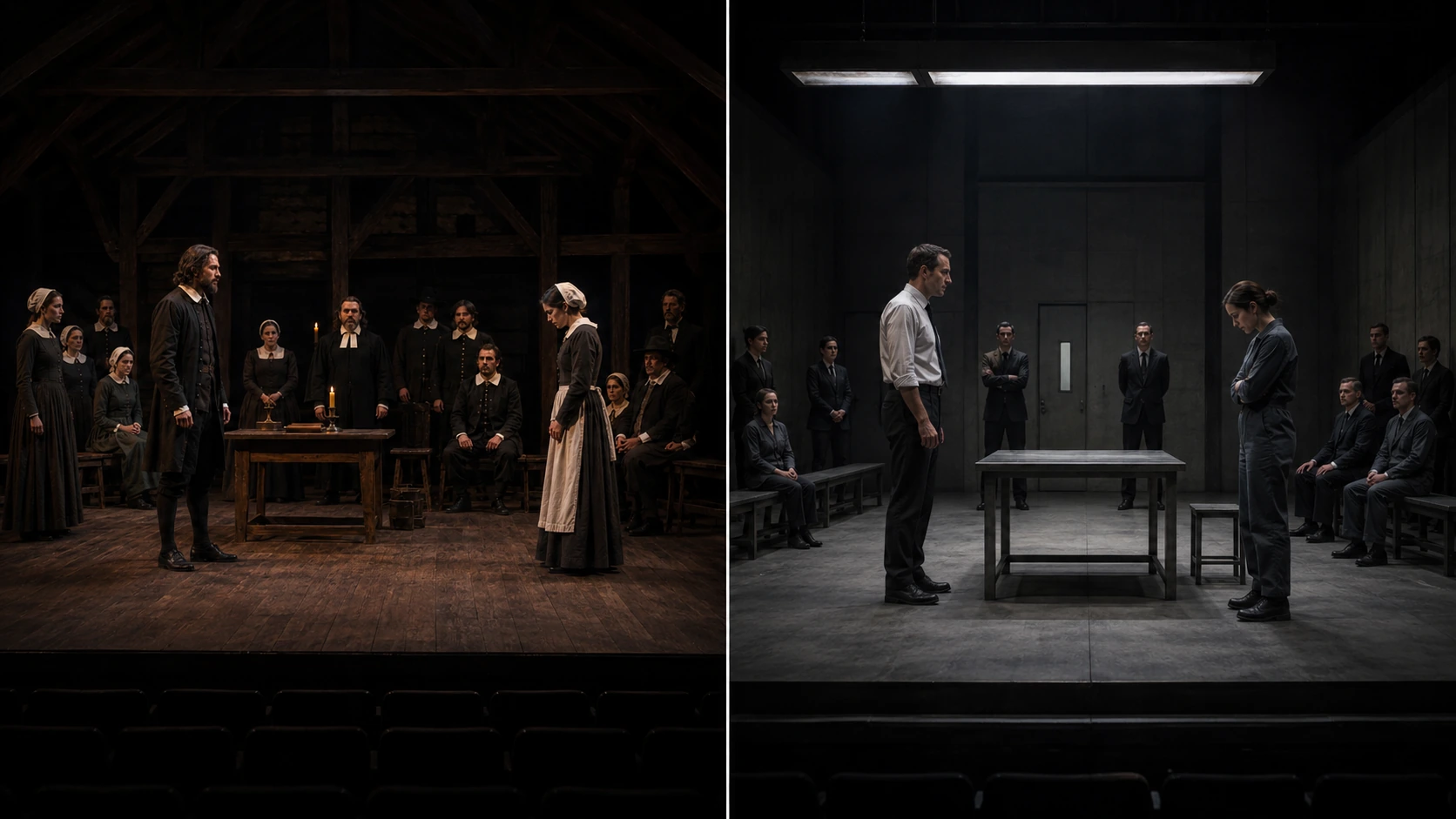 A split stage-design comparison for The Crucible, contrasting a period-inspired Salem stage world with a contemporary interrogation-room concept.