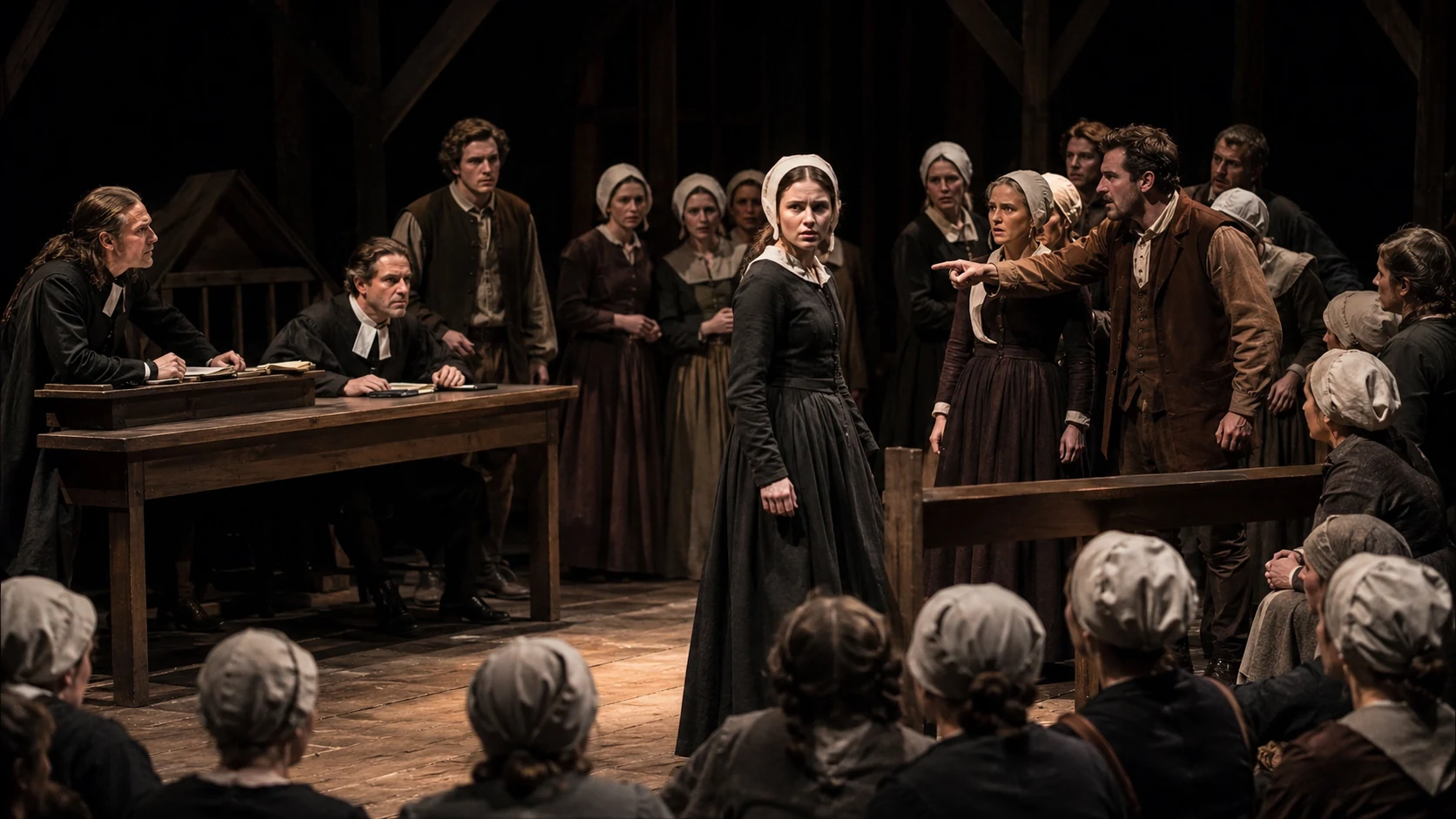 A live-theatre Salem courtroom for The Crucible, with a young accused woman isolated under public scrutiny while officials and townspeople watch and accuse.