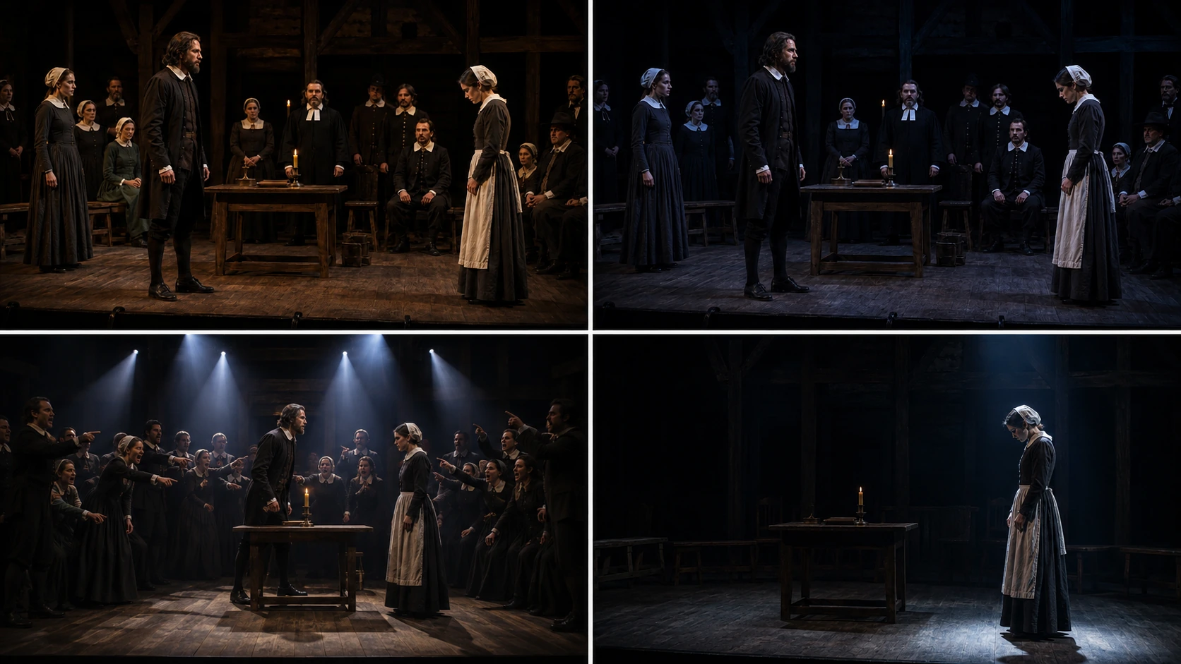 Four theatre lighting states for The Crucible, moving from warm communal light through cold exposure and crisis to isolated white light.
