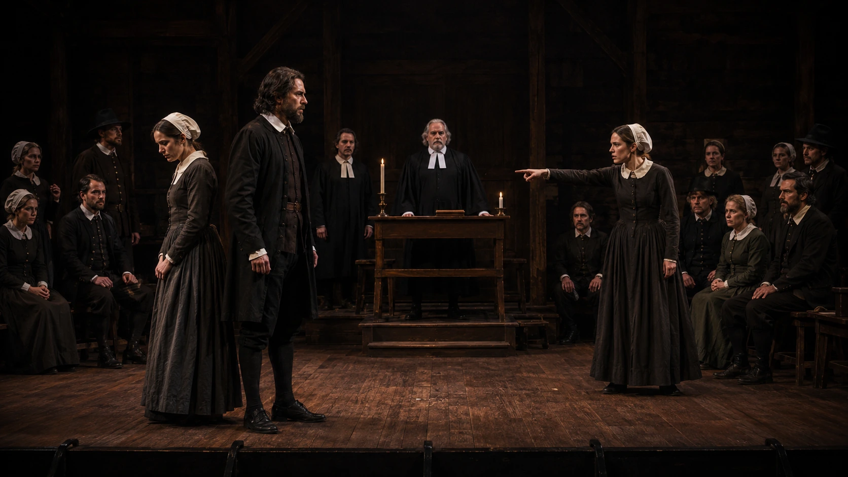 A flexible Salem stage set using rough timber, benches, a central table and open acting space to support home, court and jail scenes without long blackouts.