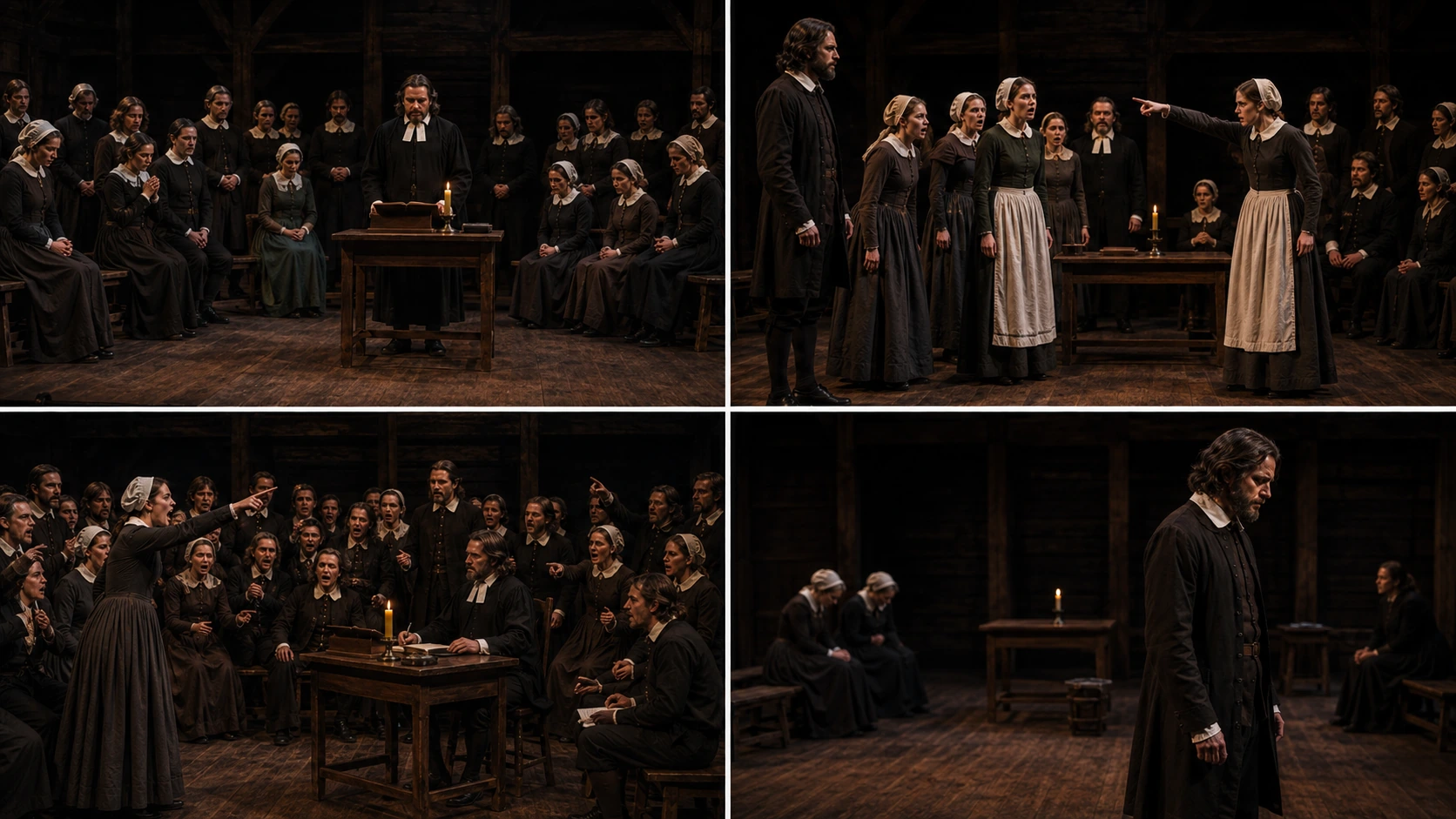 Four stage-play moments from The Crucible that can be transformed by sound: tense group whispering, courtroom accusation, public pressure and stripped-back final consequence.