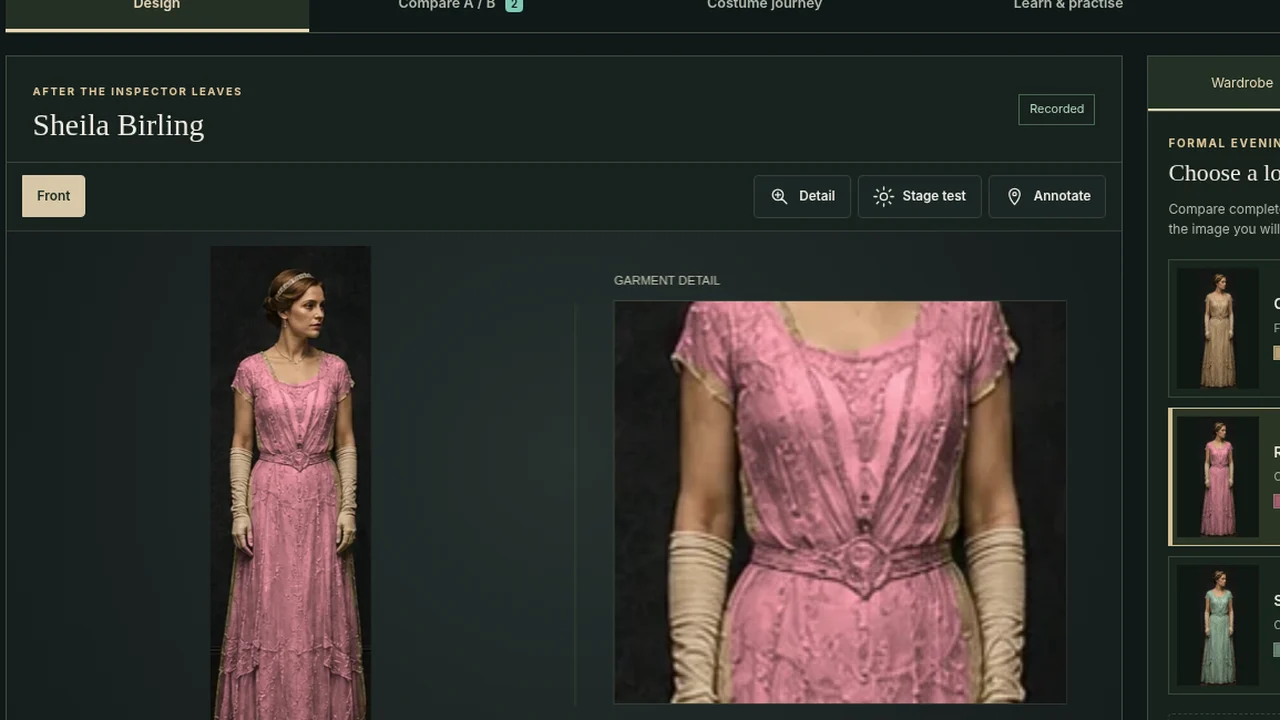 The working Costume Lab with a costume plate and a magnified garment detail.