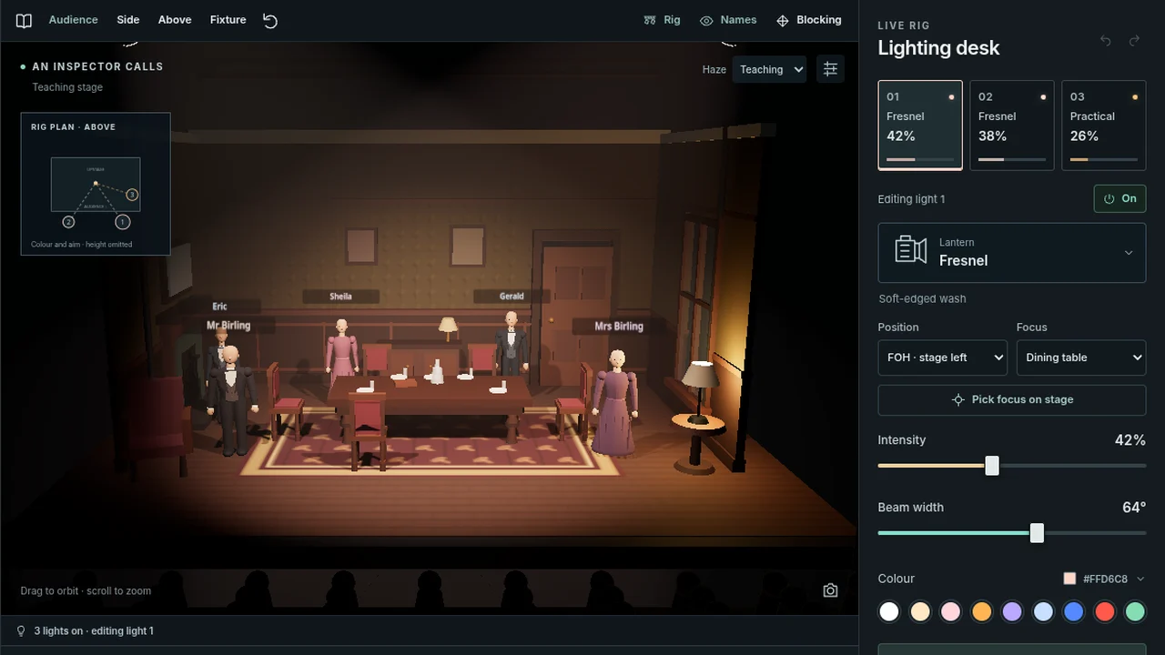 The An Inspector Calls stage in the working Lighting Lab, with the lighting desk alongside.